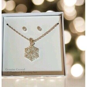Genuine Crystal Snowflake Necklace & Earring Set NWT Gift Stuffing Stuffer New